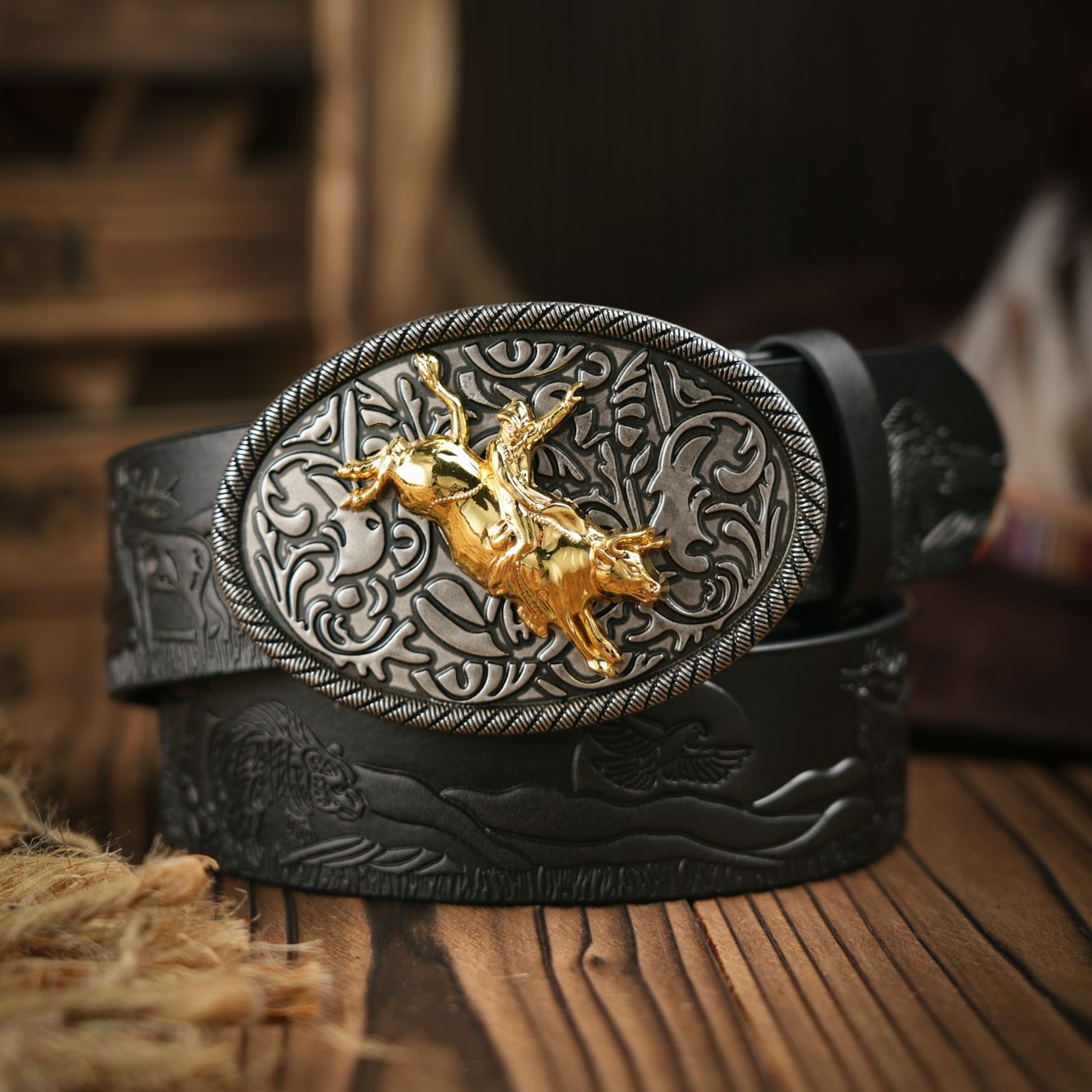Ceinture en cuir PU Western Cowboy – Sangle de taille pour hommes, décoration de taureau, gravure florale pour jeans: Black