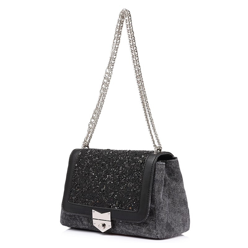 LOVEVOOK chaîne sac à bandoulière femme toile sacs à main femmes marques célèbres sacs de messager avec des diamants de: Black