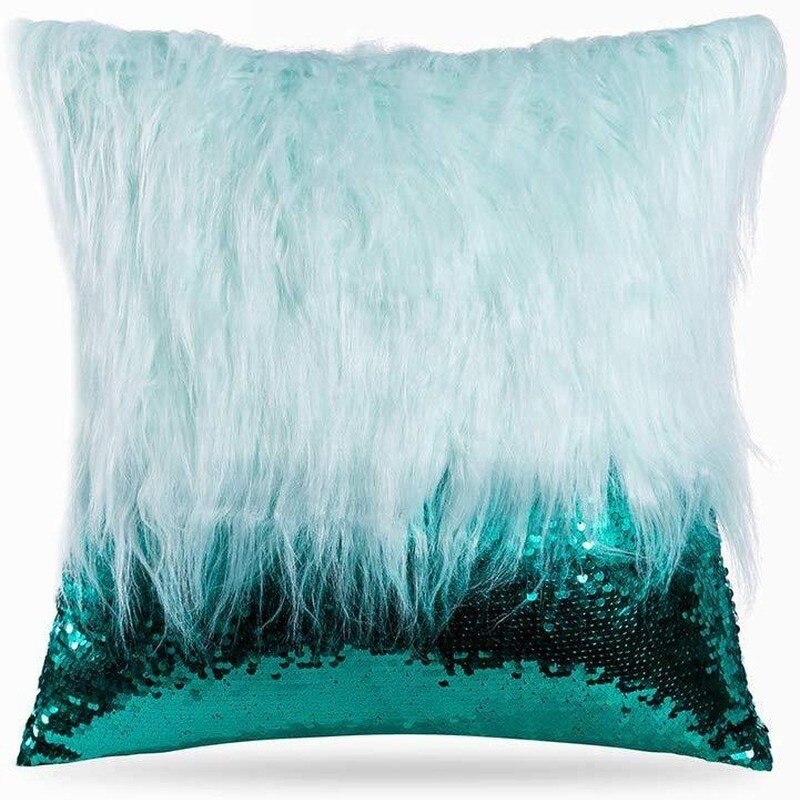 GY0757 Lange Pluche Harige Pailletten Splicing Kussen (Geen Vulling) schaal Glitters Kussen Woonkamer Sofa Pluche Sierkussen Sets: Blue