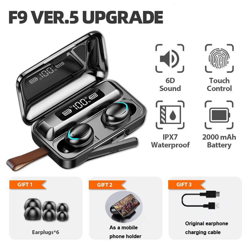 AMOI – écouteurs sans fil Bluetooth F9 TWS IPX7, oreillettes de Sport 9D, affichage, micro, casque d'écoute pour Iphone Xiaomi Huawei: Ver.5 UPGRADE