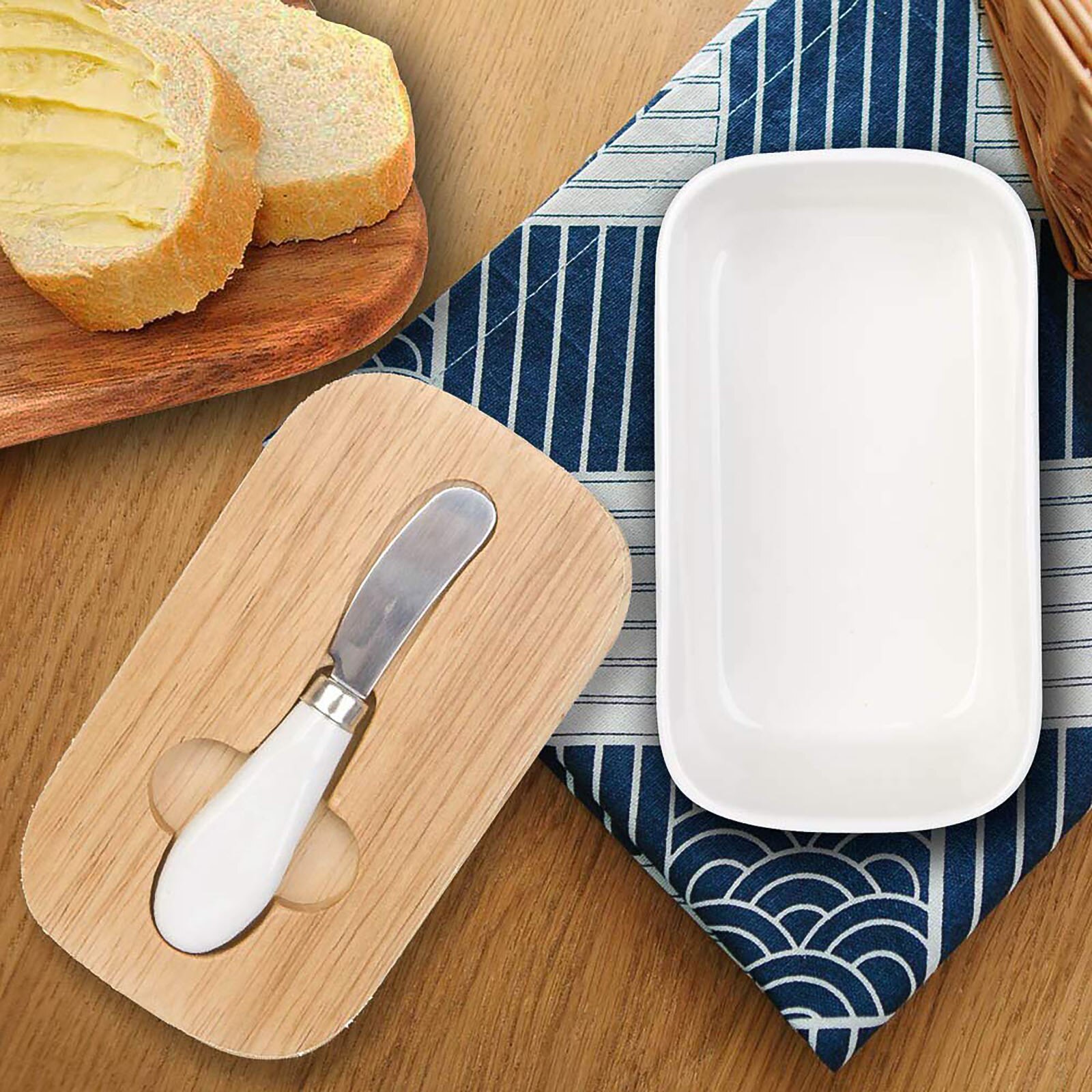 Nordic Butter Sealing Box Container Ceramic Butter Plate With Wood Lid And Knife Cheese Storage Tray Butter Dish Container Box