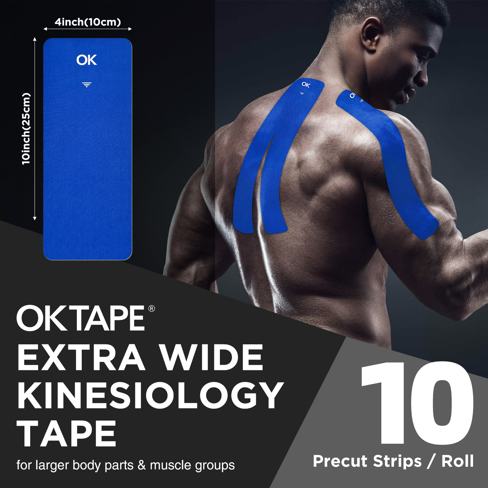 OK TAPE Breites Kinesiologie-Tape, vorgeschnittene K-Tape-Streifen zur Schmerzlinderung und zur Gelenkunterstützung | Rücken, Schulter, Knie (4" x 10" - 20 Stück)