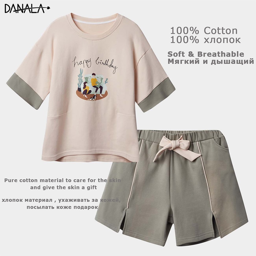 Danala 100% Katoen Casual Pyjama Sets Vrouwen Korte Mouw Print Nachtkleding Sets Meisjes Thuis Kleding Voor Vrouwen Thuis Suits Pyjama