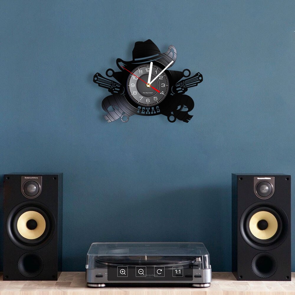 Texas Cowboy Wall Clock Western USA Skyline Symbol Vinyl Record Wall Clock Wild West Vintage Rodeo Revolvers Western Wall Decor