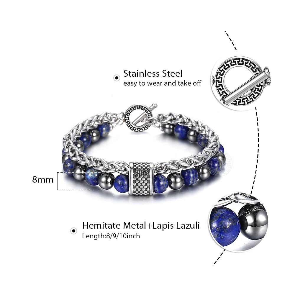 8 Mm Dubbele Lagen Steen Kralen Armband Voor Mannen Jongens Lapis Lazuli Hemitate Metalen Lava Steen Rvs Kabel Ketting TBX00109: 10 Lapis Lazuli / 9inch