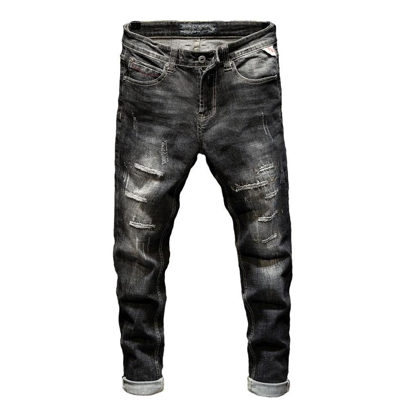 Kstun ripped jeans til mænd slim fit stretch high street style mandlige denimbukser flosset ødelagt vintage herre punk jeans: 36