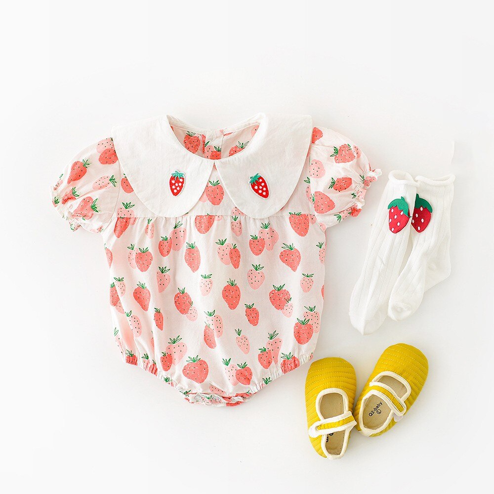 Yg – costume d'été pour enfants, col blanc, imprimé fraise, une pièce, manches courtes, triangle, court,