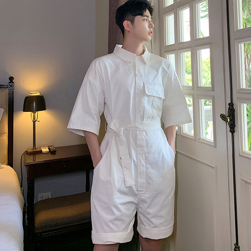 Men Jumpsuits Overalls Summer Short Sleeve Loose Casual Shirt Style Short Trouser Male Women Streetwear Hip Hop Harem Pants