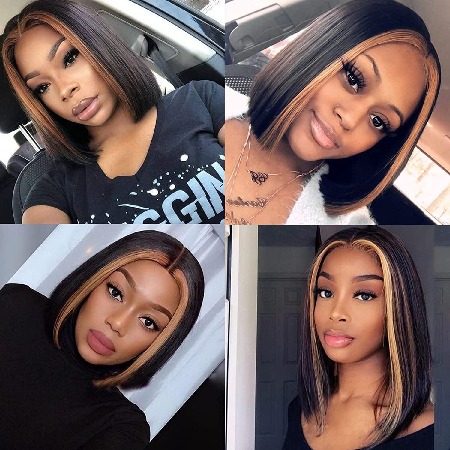 Highlights Bob Wigs Short Straight T Lace Front Wigs for Women Heat Resistant Middle Part Synthetic Hair Wig for Cosplay Daily
