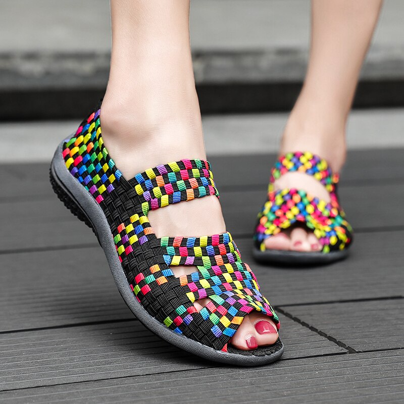 Sandales plates tissées pour femmes, chaussures de , mocassins à enfiler, multicolores