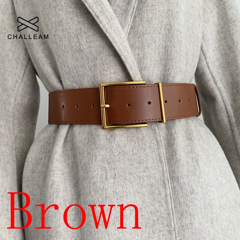 Vrouwen Luxe Brede Riem Vrouwelijke Vintage Goud Grote Vierkante Metalen Pin Gesp Zwart Bruin Pu Lederen Riem Jas Jurk Taille band 120: Bruin