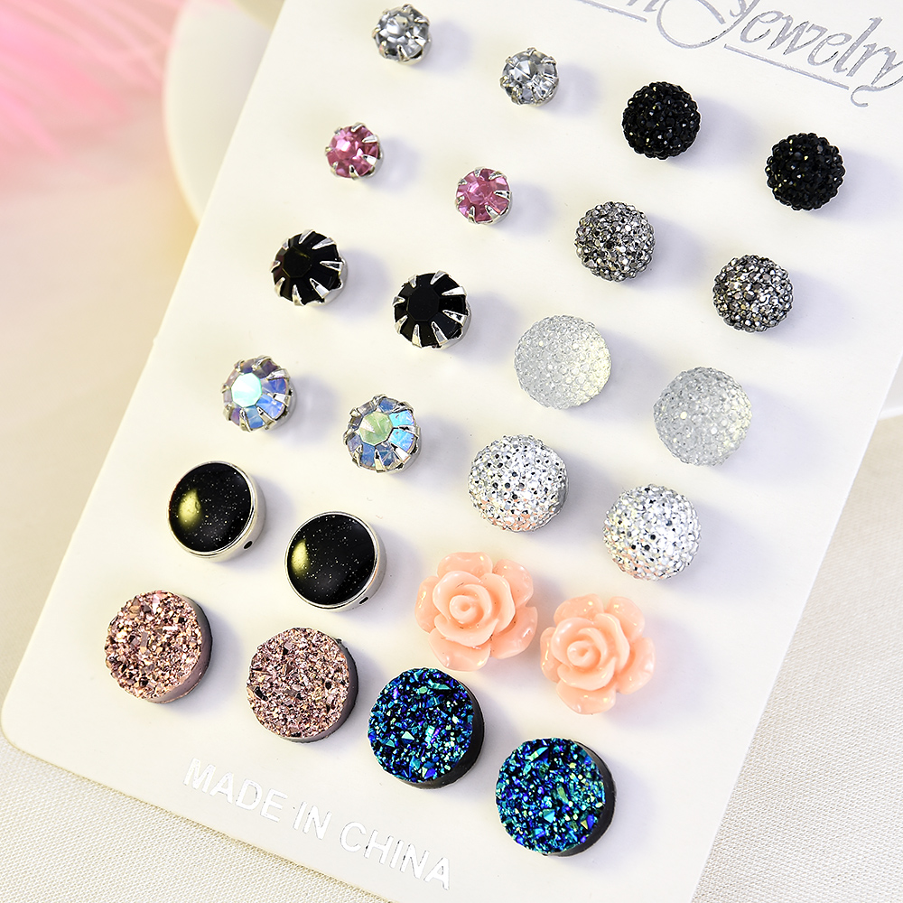12~36 Pairs Women Girls Resin Plastic Crystal Diamante Flower Stud Earrings Set Random Style Gold Color Jewelry: Blue Zinc Plated