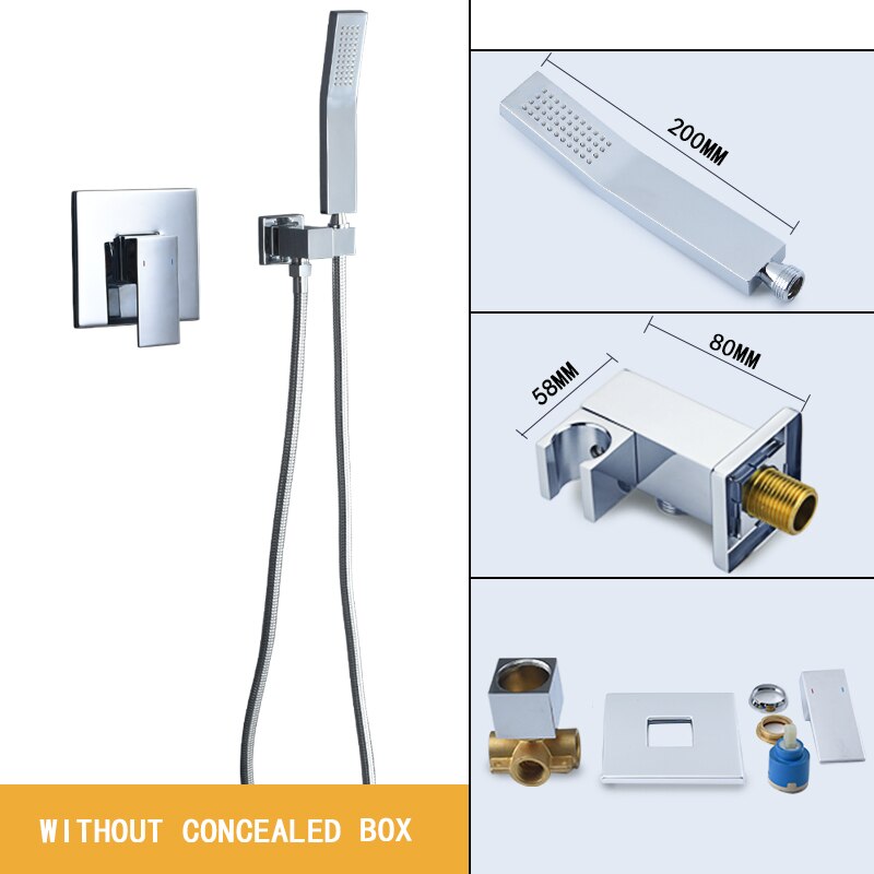 Square Solid Brass Hand Held Shower Head With Wall Connector and Hose Set Bathroom Concealed Valve Chrome Plating Shower Faucet