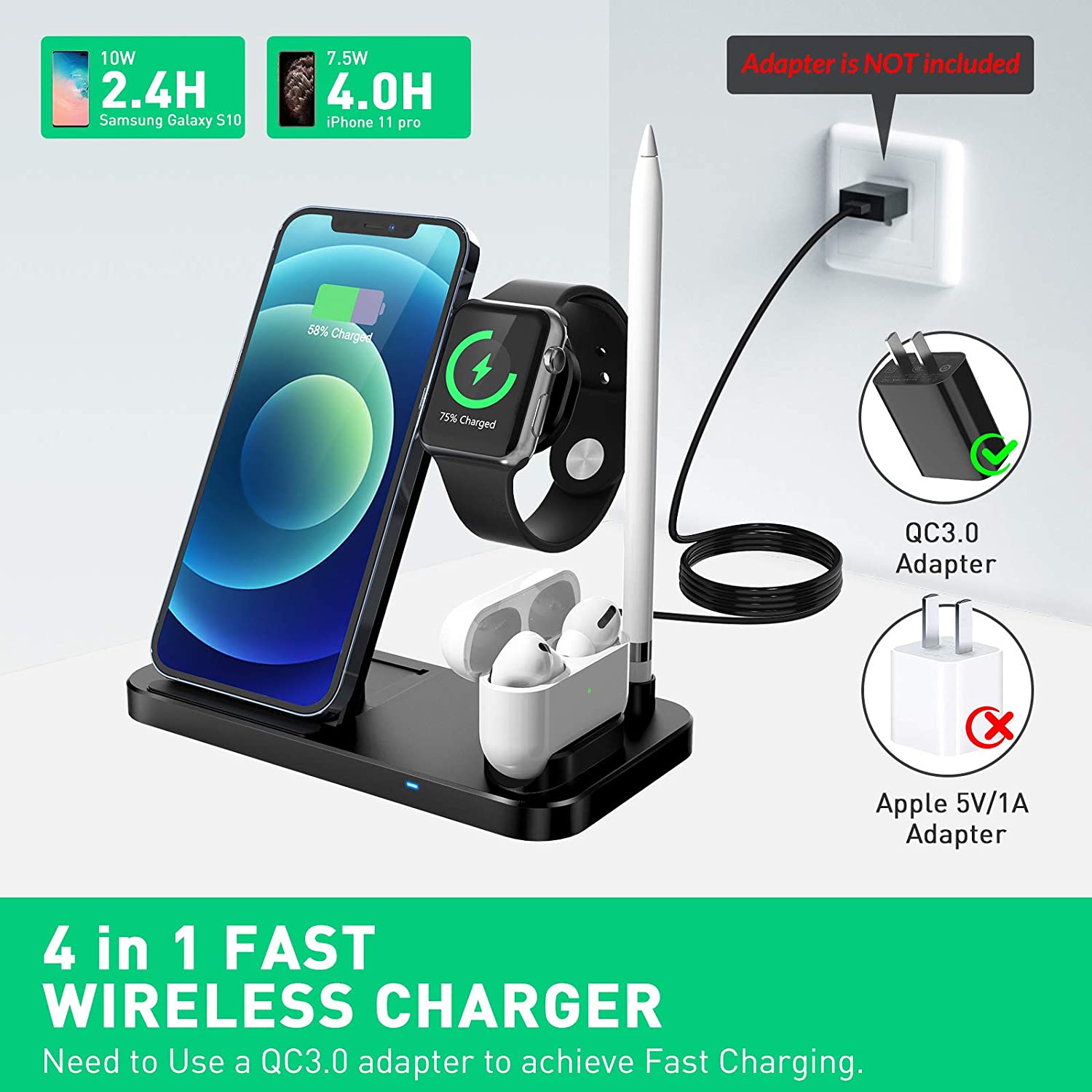 Opvouwbare Draadloze Laadstation 4 In 1 Qi Fast Charger Stand Dock Voor Iphone 12 11 Xs Xr X 8 apple Horloge 6/5/4/3 Airpods Pro