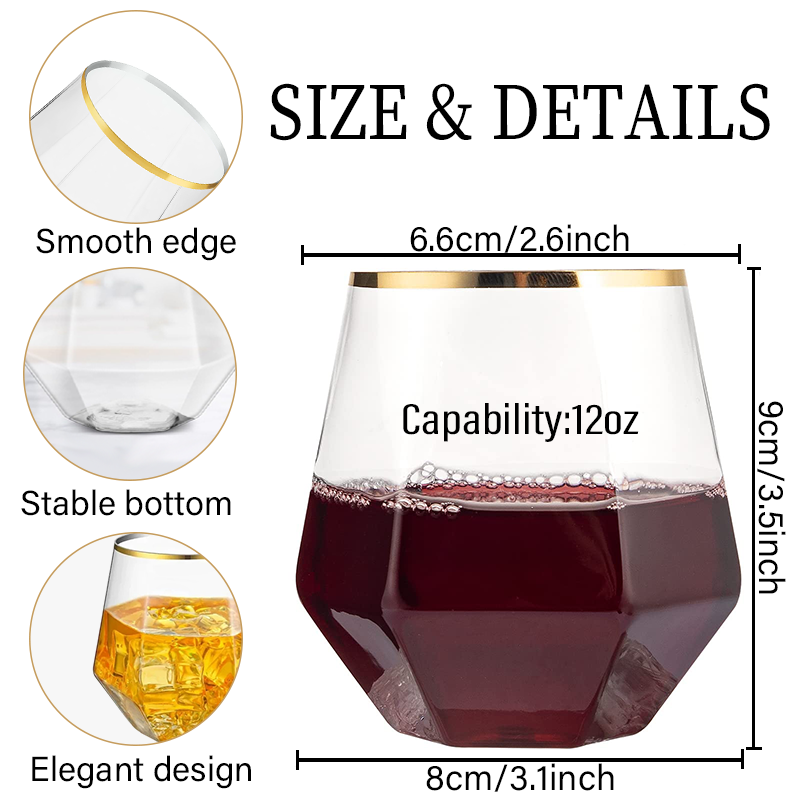 Copas de vino de plástico con diamantes, vasos de plástico desechables sin tallo, cóctel de whisky para , barras de recolección de cumpleaños, 12oz, 12-48 Uds.