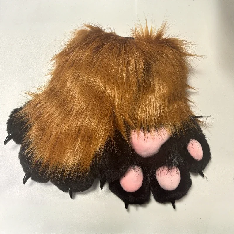 Furry Paws Gloves Fursuit Cosplay Kigurumi Cat Squawk Cartoon Plush Animal Nail Claws Full Finger Mittens Story Tell Original: Beige