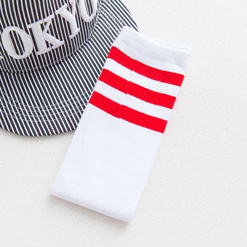 Chaussettes montantes pour enfants | Chaussettes de sport, pour vieux garçons et filles, bandes de Football, pataugeoire en coton, blanc, style de Skate, pour enfants, Tube Long: White Red Lines