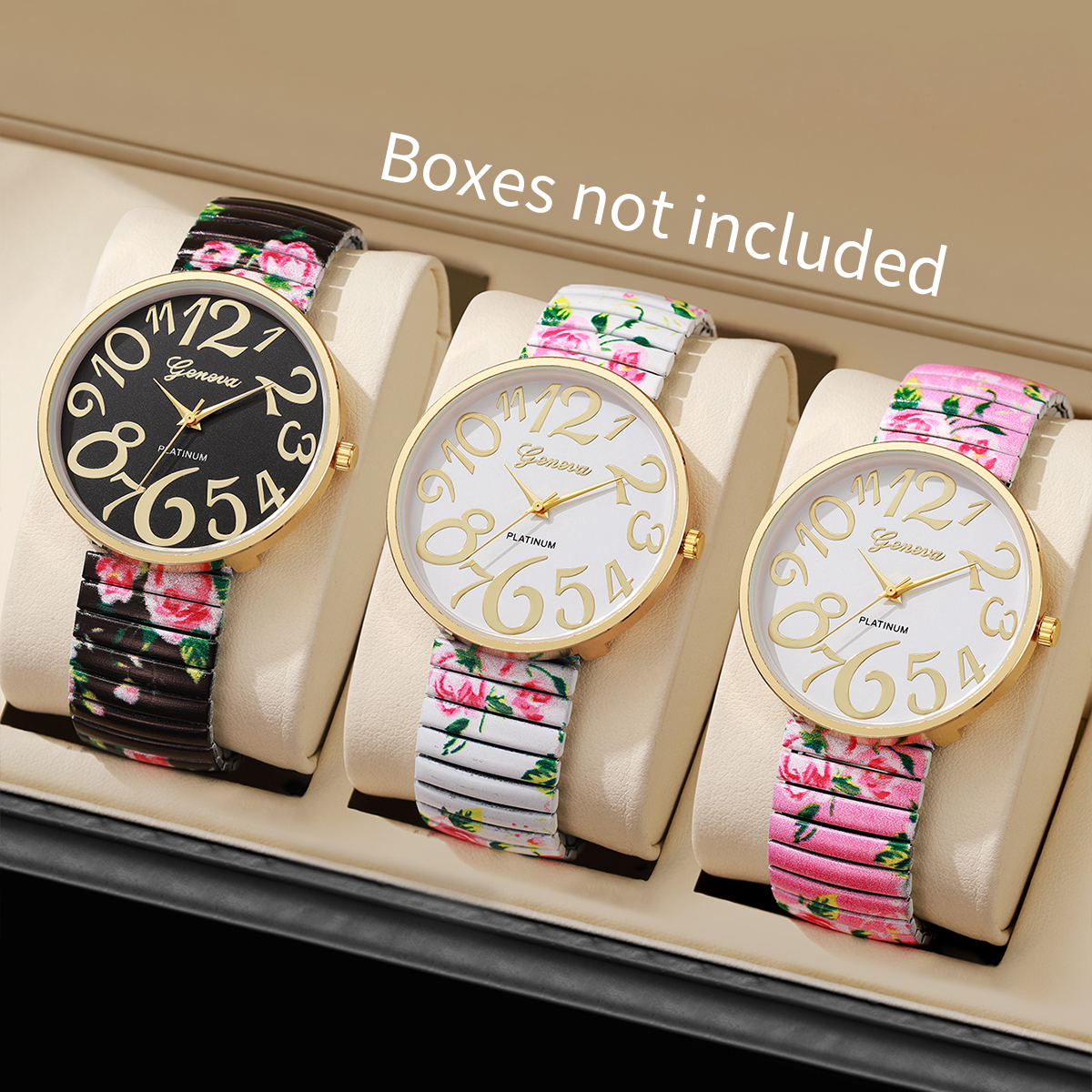 1/2/3/4 Uds. Reloj de Mujer con estampado de flores a la , correa elástica de lujo, relojes de cuarzo árabe, Reloj para Mujer y niñas (sin caja): Marfíl