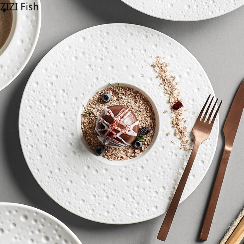Plato blanco con forma de sombrero de paja para el norte de Europa, vajilla de decoración para restaurante, plato de sopa de carne y espagueti, plato de postre y fruta
