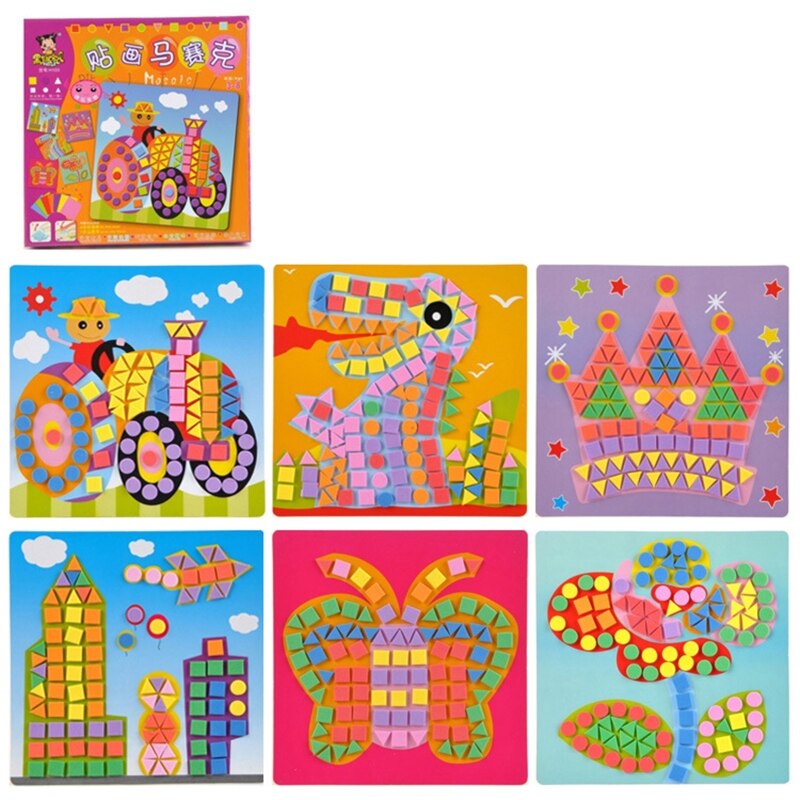 Mosaicos adhesivos 3D de goma EVA para niños, juguetes educativos portátiles hechos de papel duradero, pegatina de espuma artesanal de dibujos animados, 6,69x6,69 pulgadas, 85DE: Happy World Series H