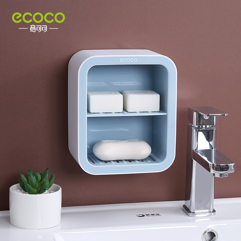 ECOCO Double Drawer Wall Mounted Soap Dish Box Bathroom Shower Soap Holder Tray Storage Rack Shelf Bathroom Accessories: Double Blue