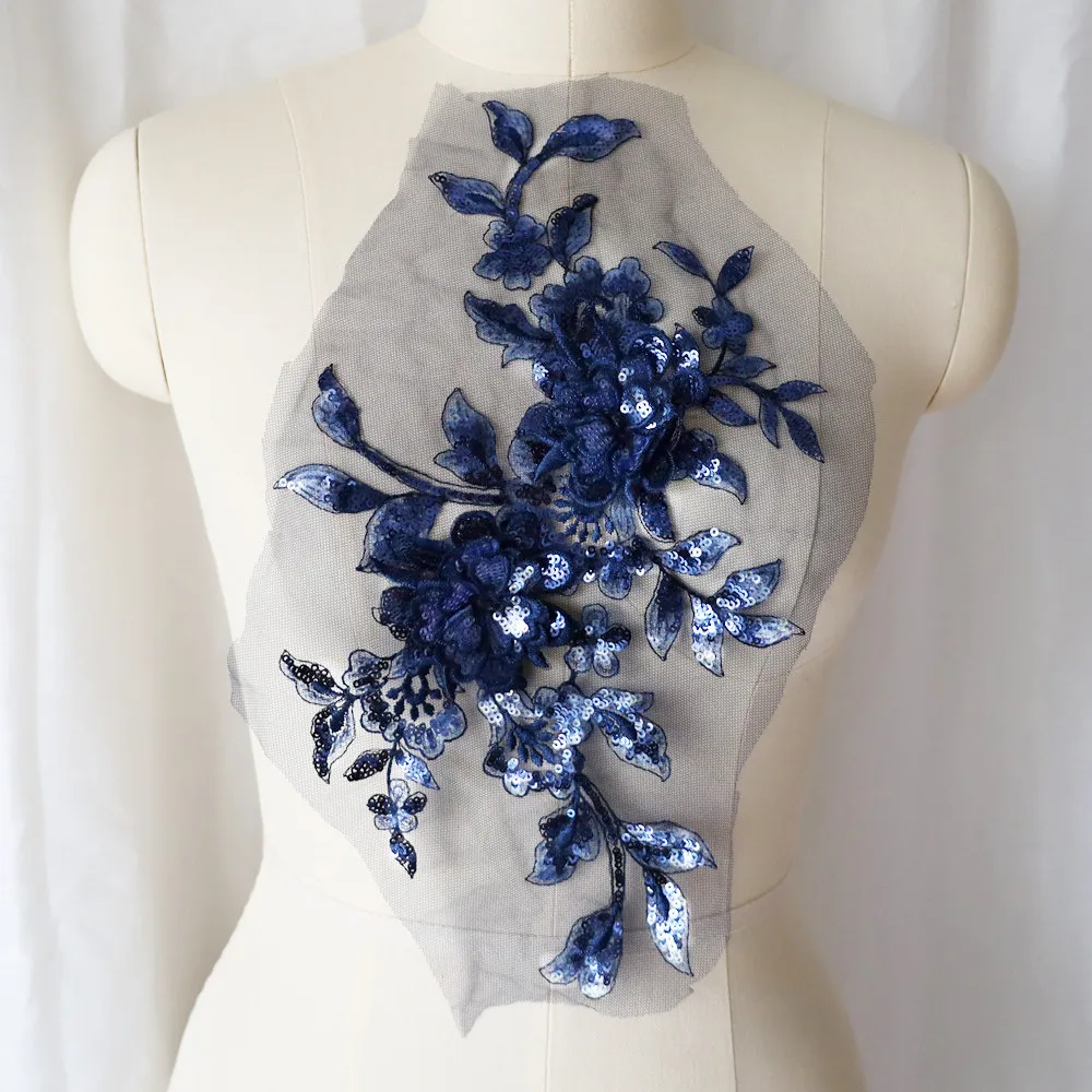 Lantejoulas bordadas flor aplique renda tecido guarnição gola de malha vestido de noiva de casamento remendo de costura vestido de festa decoração artesanato faça você mesmo: Níquel Preto