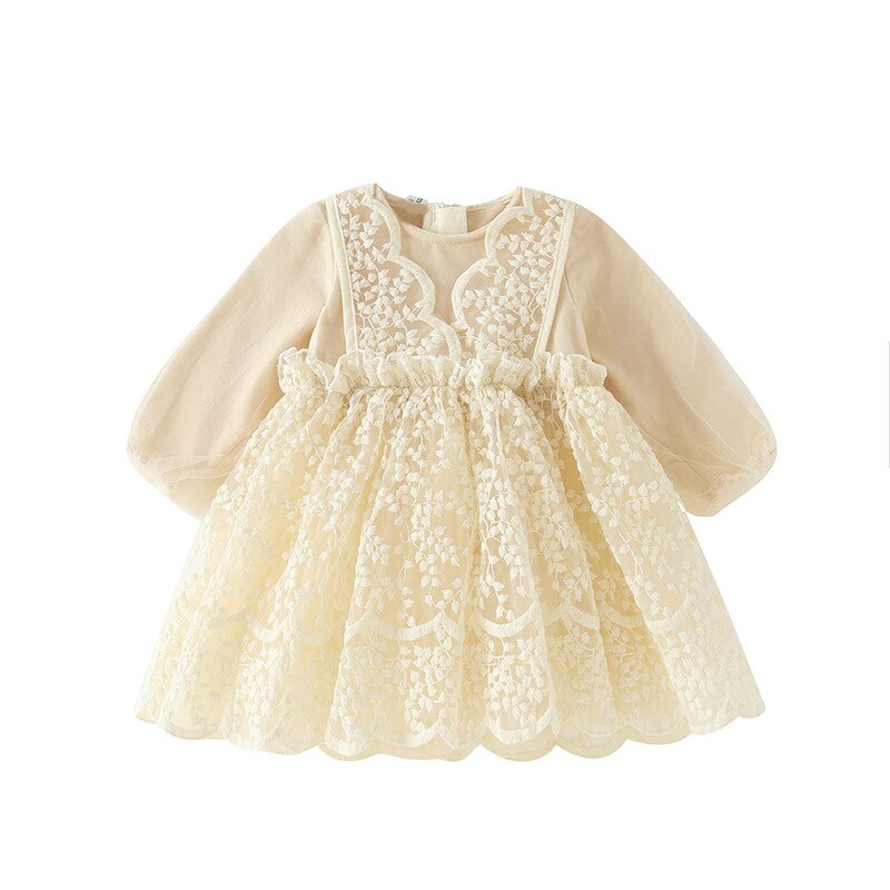 Autumn Baby Girl's Sweet Lace Dress Long Sleeve for Children Fairy Puff Sleeve Princess Dress Kids