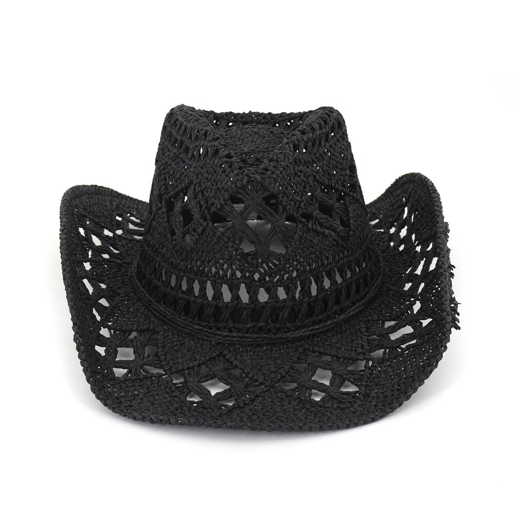 Sombrero vaquero hueco de rafia para hombres de verano con cuerda delgada de ala ancha rizada occidental gorro de protección solar Unisex sombreros