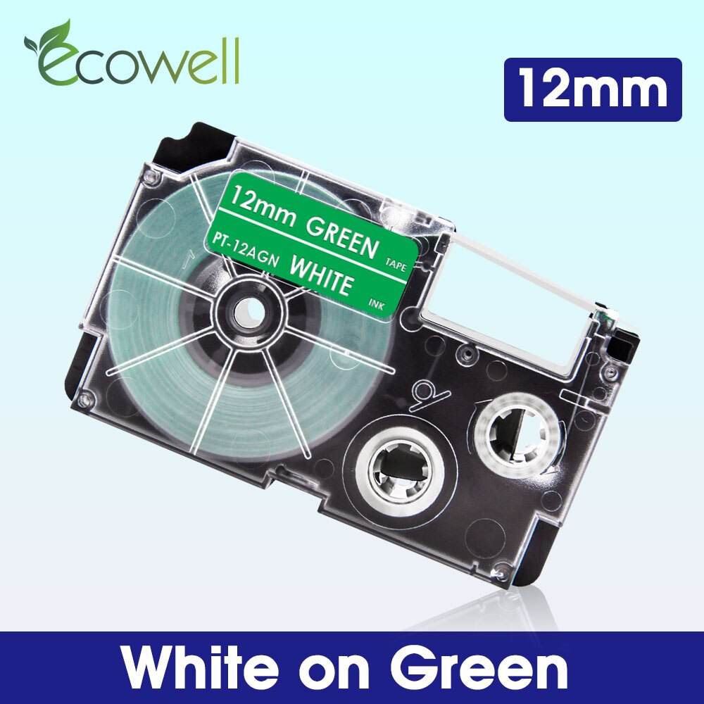Ecowell 18Colors XR-12WE For Casio 12mm XR 12WE XR-12X XR-12RD XR-12BU XR-12YW XR-12GN label tape for Casio KL-60 KL-120 printer: White on Green