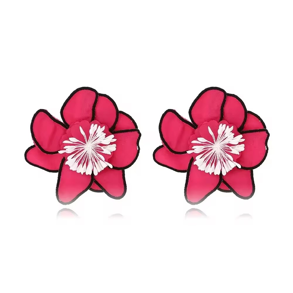 Vedawas boucles d'oreilles fleur, bohême Maxi tissu 3D fleur charme couche grand tissu fait à la main clou Floral femmes boucle d'oreille bijoux de mariage: Vin rouge