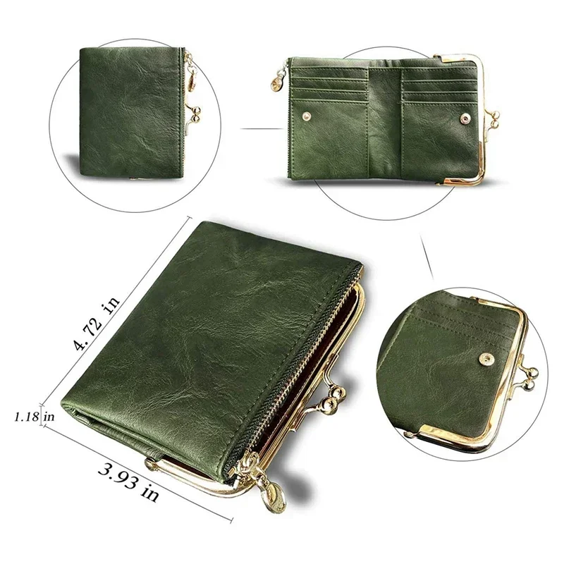 Women's Wallet Short Bifold Retro Multifunction Coin Purse with Zip and Kiss Lock Green PU Leather Female Short Purses