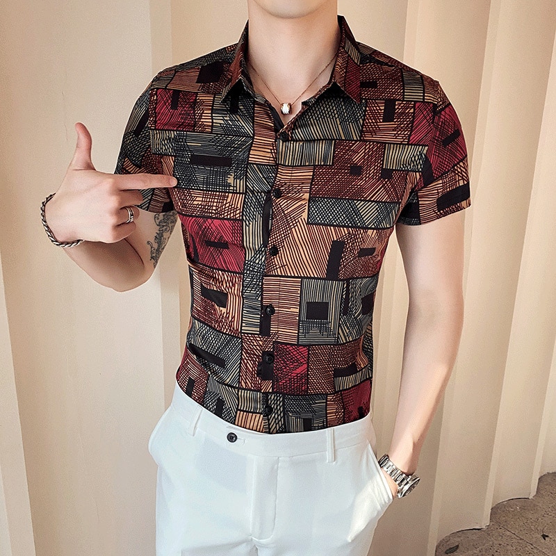 Zomer Plaid Mannen Shirt Plus Size Korte Mouw Casual Slanke Jurk Shirts Chemise Homme Streetwear Camisa Masculina: Asian size M