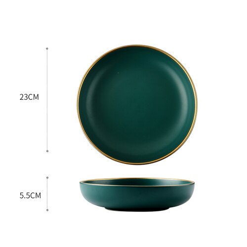 Dark Green Ceramic Tableware Rice Bowl Spoon Household High-grade Ceramic Tableware Tray Deep Plate Western Dish Set: A03-plate----L