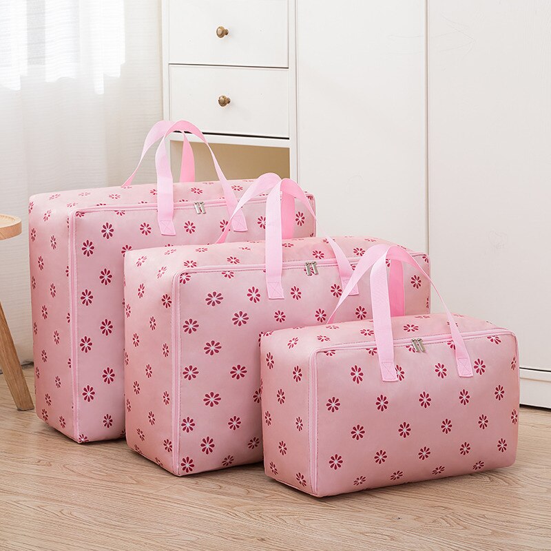 Sac de rangement en tissu Oxford | Ensemble de 3 pièces/ensemble, sac à bagages mobile, organisateur de placard étanche, boîtes de rangement M + L + XL, conteneur de vêtements: pink flower 3pcs