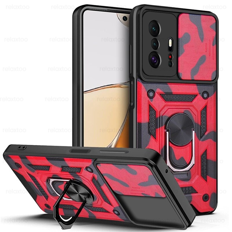 Mi11T Case Slide Camera odporny na wstrząsy pancerz Coque dla Xiaomi11T Xiaomi Xiomi Mi 11 T 11 T Pro magnetyczny uchwyt samochodowy pierścień Protect Shell: For Xiaomi 11T Pro / Camouflage Red-01