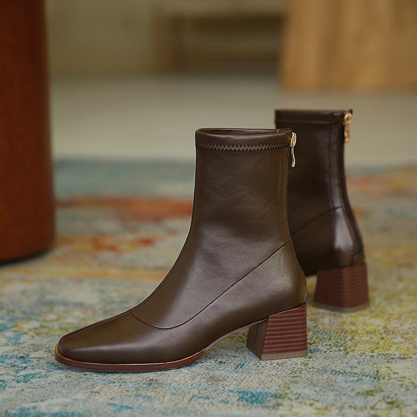 QUTAA PU Leder Herbst Winter Stiefeletten Karree Reißverschluss Damen Pumpen Platz hoch Hacke prägnant Frauen Schuhe Größe 34-39