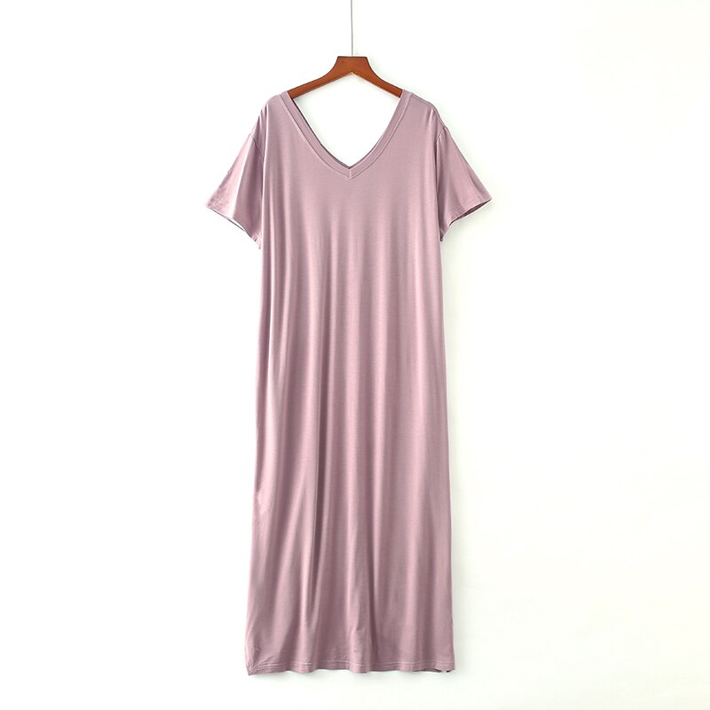 Ladies Basic Sleep Shirt Sexy Lingerie Solid V-Neck Long Nightgown Modal Sleepwear Summer Loose Pregnant Nighty Nightdress