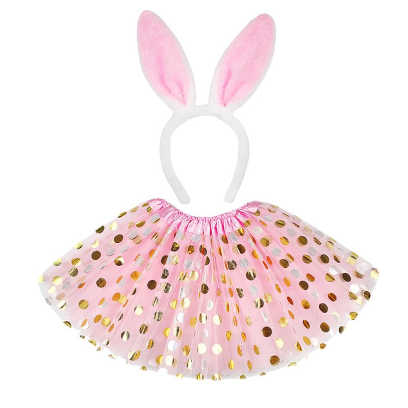 Kleine Meisjes Rollenspel Konijn Kostuum Stip Gold Pailletten Tutu Rok Met Bunny Oren Hoofdband Leuke Partij Cosplay Mini rok: Pink