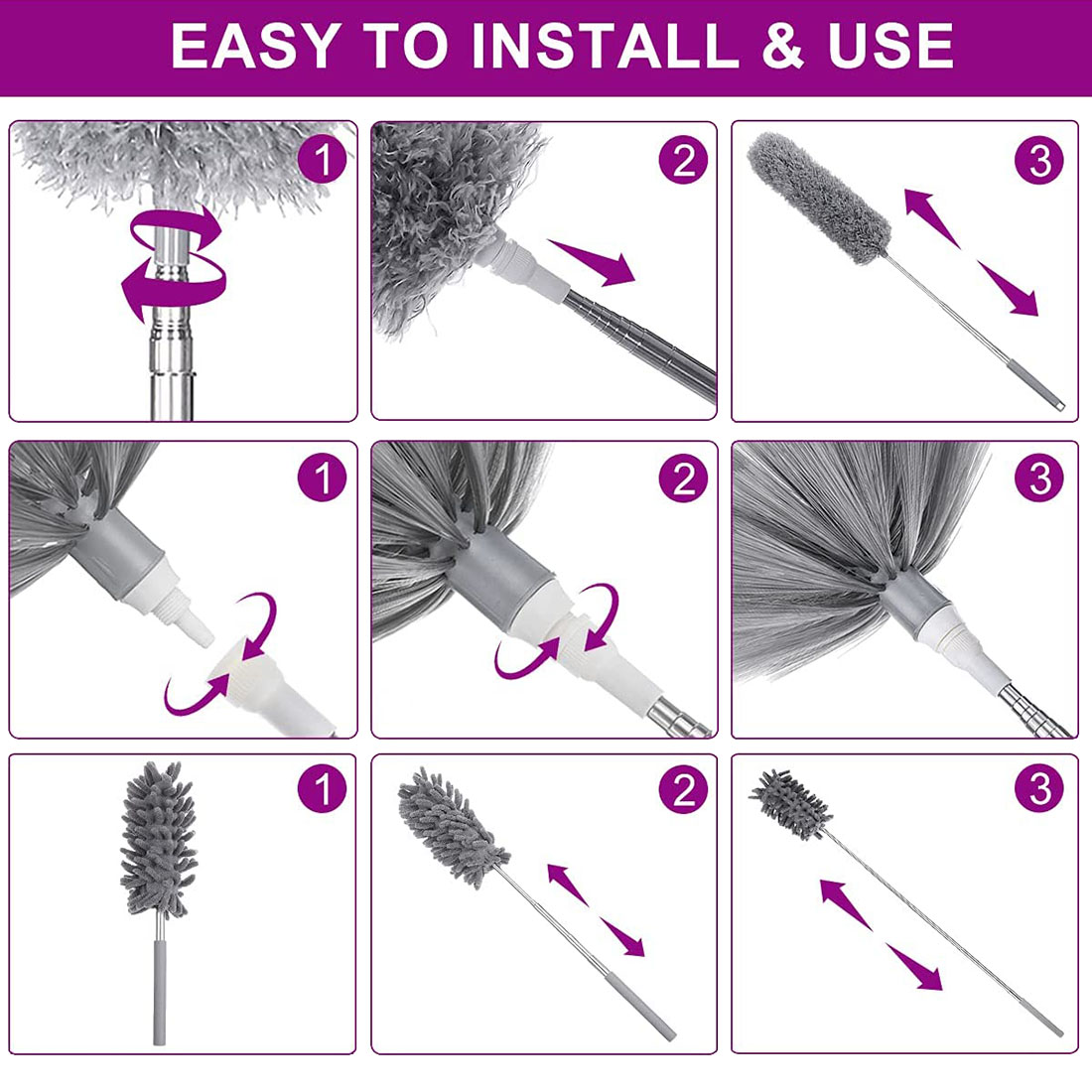 Kit de nettoyage extensible en microfibre, 6 pièces, plumeau à plumes, pour le nettoyage de la poussière, ventilateurs de plafond, lumières, stores de voiture