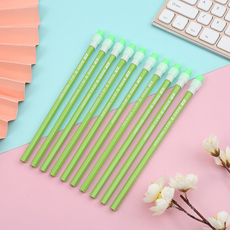 10 Stks/partij Schets Potlood Houten Lood Potloden Hb Potlood Met Gum Voor Kinderen Tekening Potlood School Schrijven Briefpapier Suppl: 10 pcs green