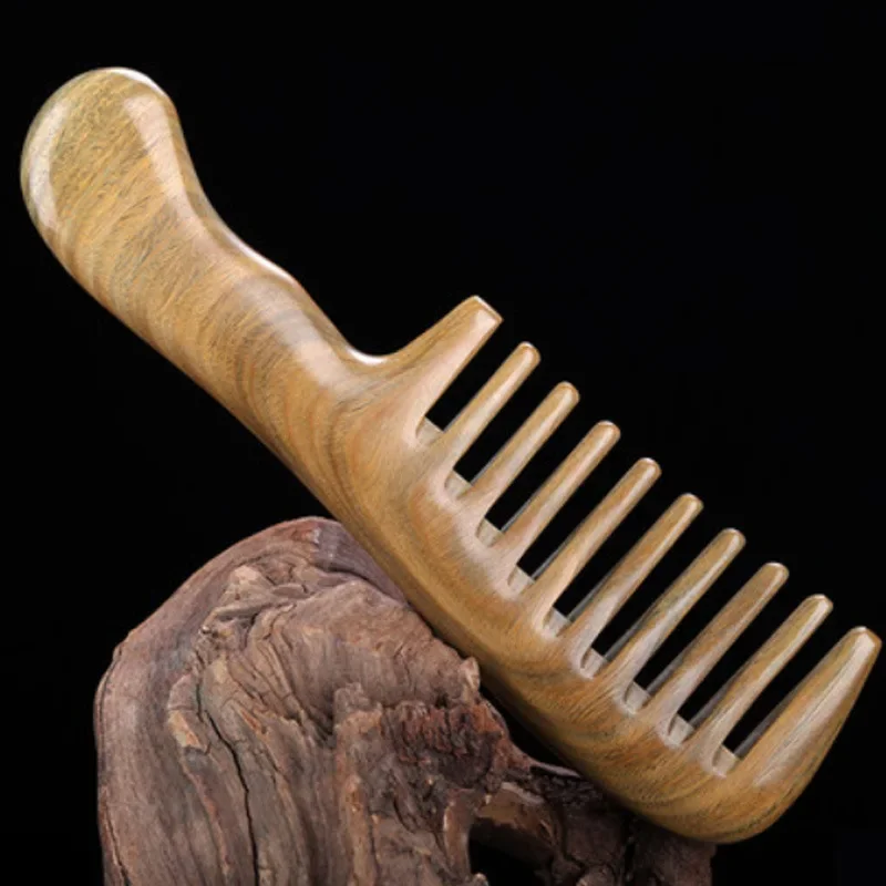Peine de sándalo verde Natural de 19cm, peine de madera electrostático con mango largo para cabello rizado y liso, herramienta de peluquería antiestática