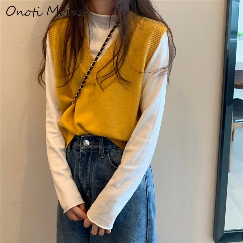 Onoti syksy kiinteä korealaistyylinen neulepusero liivi naiselle neulepusero talvi rento naiset pull femme hiver