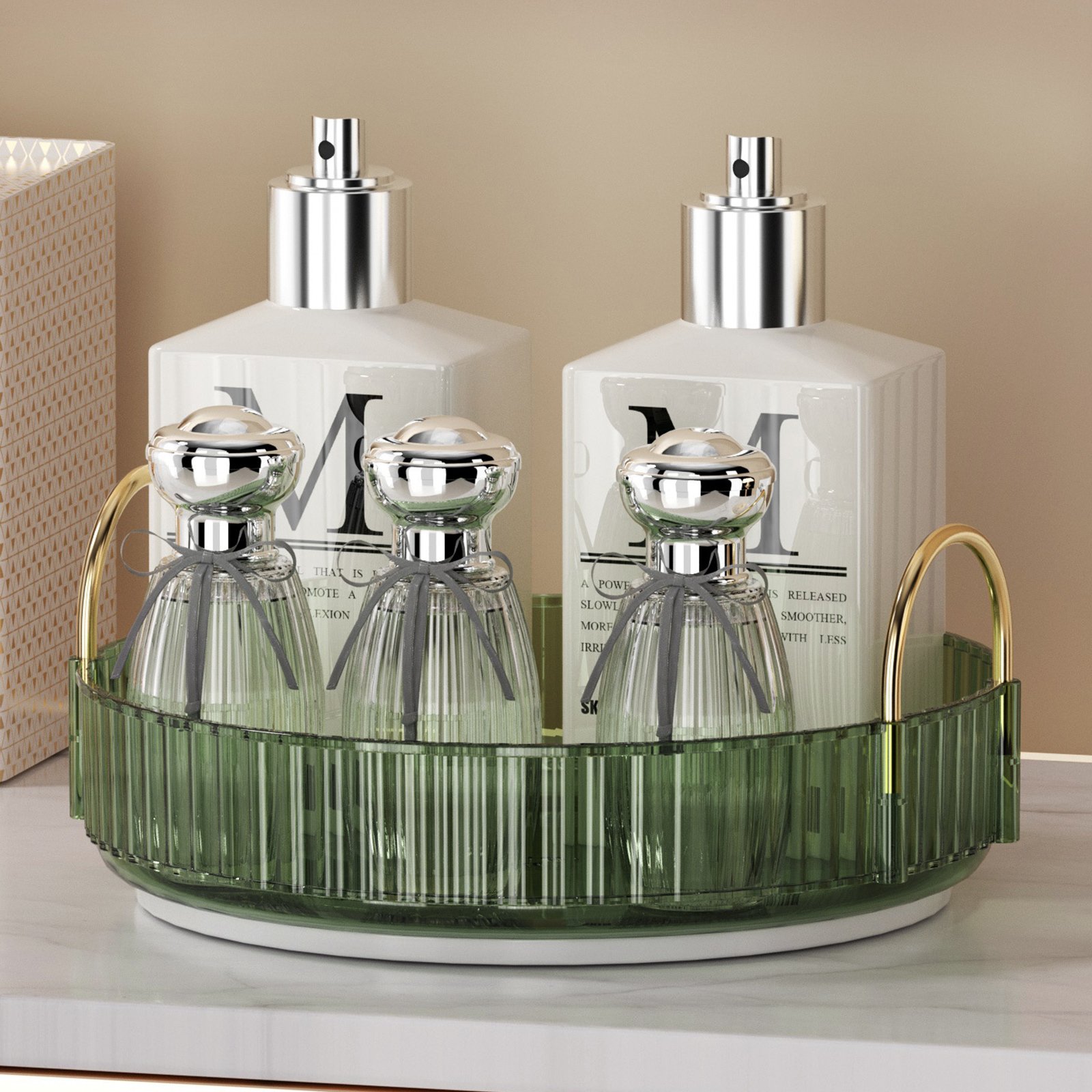 Rotating Makeup Organizer for Vanity 3 Tier Skincare Organizers Large Storage Bathroom Countertop Clear Cosmetic Holder Dresser: light green