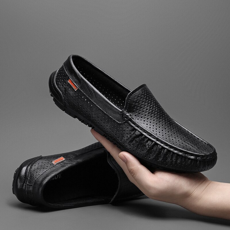 Mocasines de cuero genuino para hombre, zapatos planos cómodos de , informales, de conducción, sin cordones, para verano: black 1 / 10