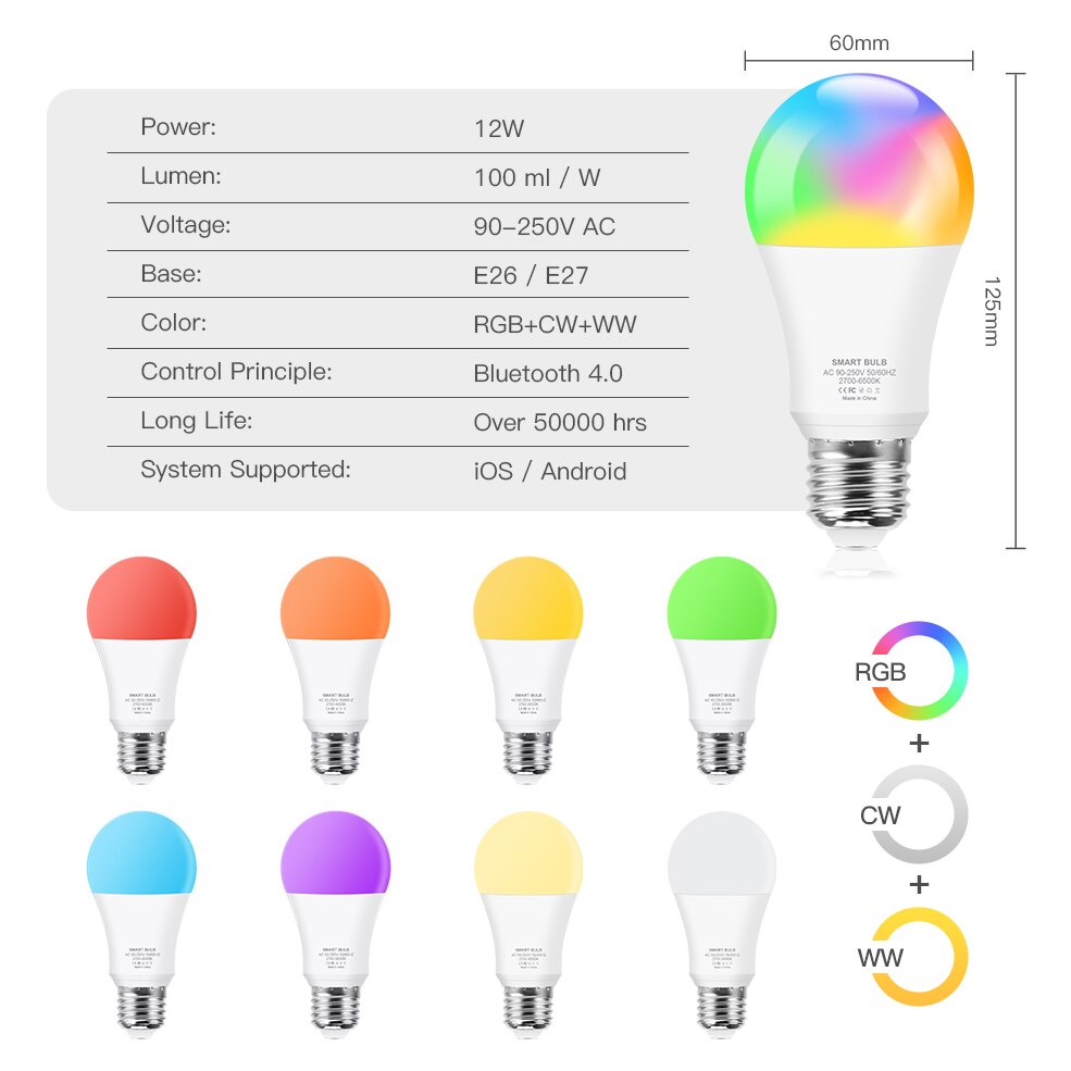 Ampoule intelligente Bluetooth, E27, RGB, blanc froid, blanc , magique, variable, Compatible avec Dohome Siri