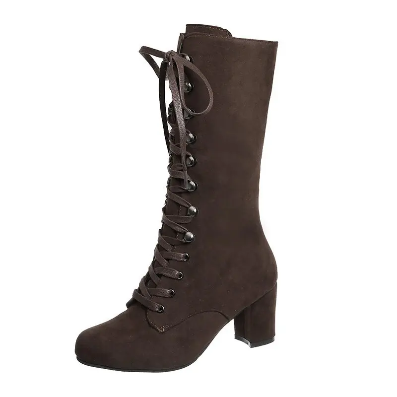 Kniehohe Stiefel Winter Frauen Schuhe Reißverschluss Hohe Ferse Hohe Stiefel NäHenne Starke Ferse Damen Stiefel Neue Schwarz: Beige / 35