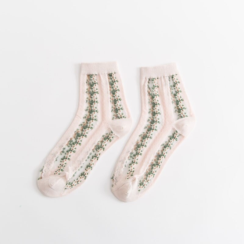 Damstrumpor blommiga strumpor för kvinnliga broderier genomskinliga tjejer svart patchwork sox fräsch färg damstrumpor: Rosa