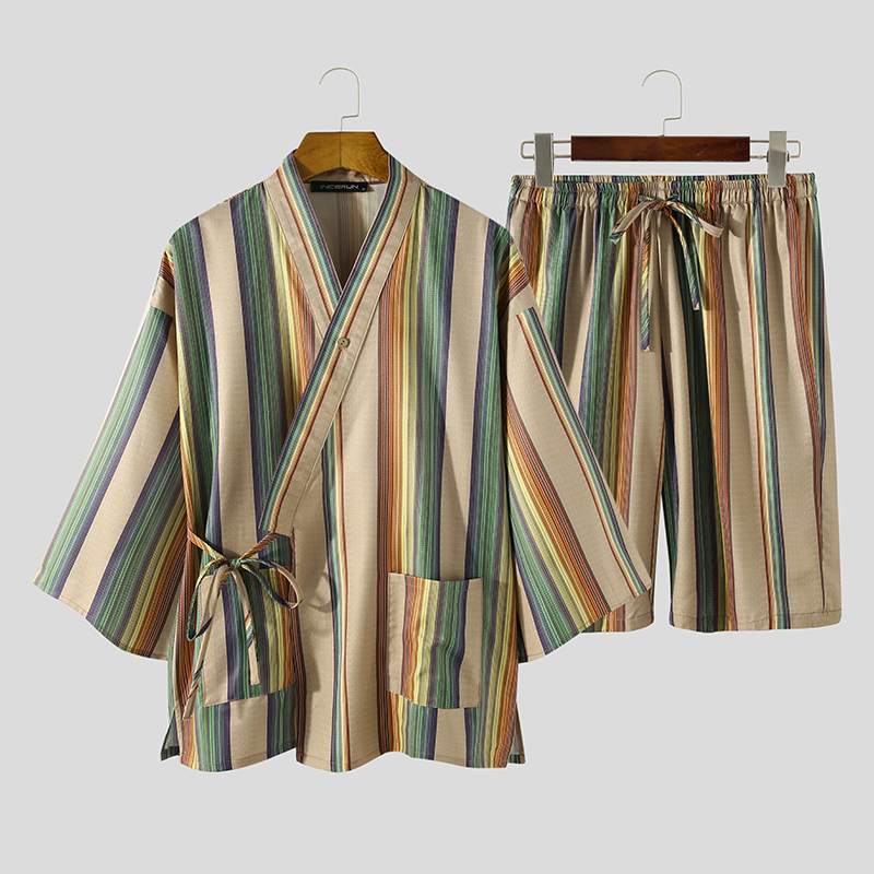 Hombre Retro Kimono Homewear trajes INCERUN hombres Vintage a rayas conjuntos de pijama 3/4 manga camisetas con lazo cordón pantalones cortos 2 piezas S-5XL: XL