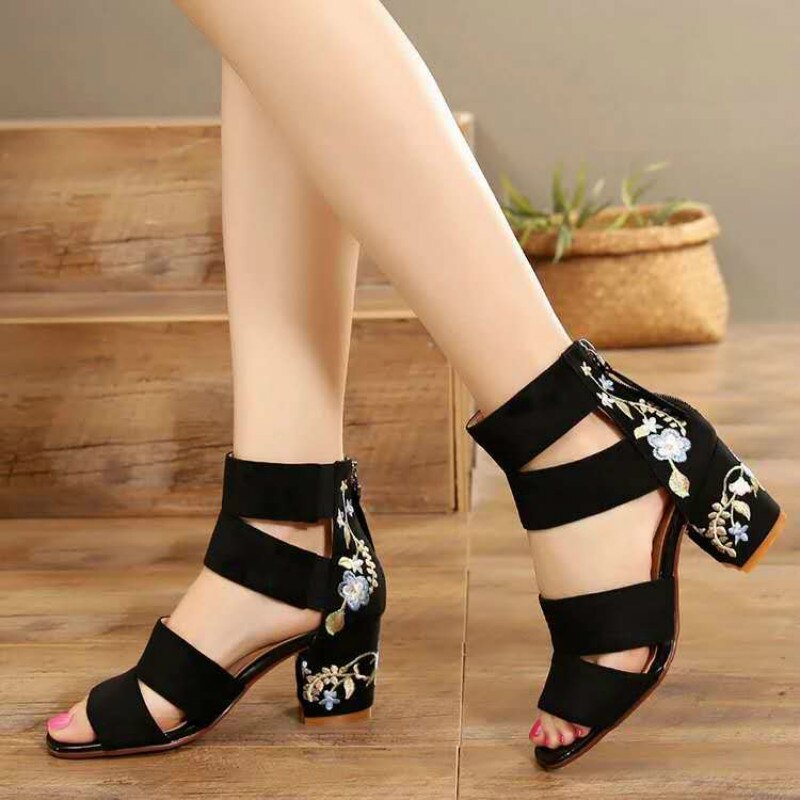 Sandales brodées à mi-talon pour femmes, Style ethnique, talon épais, , rétro, bout ouvert, été,: White / 42