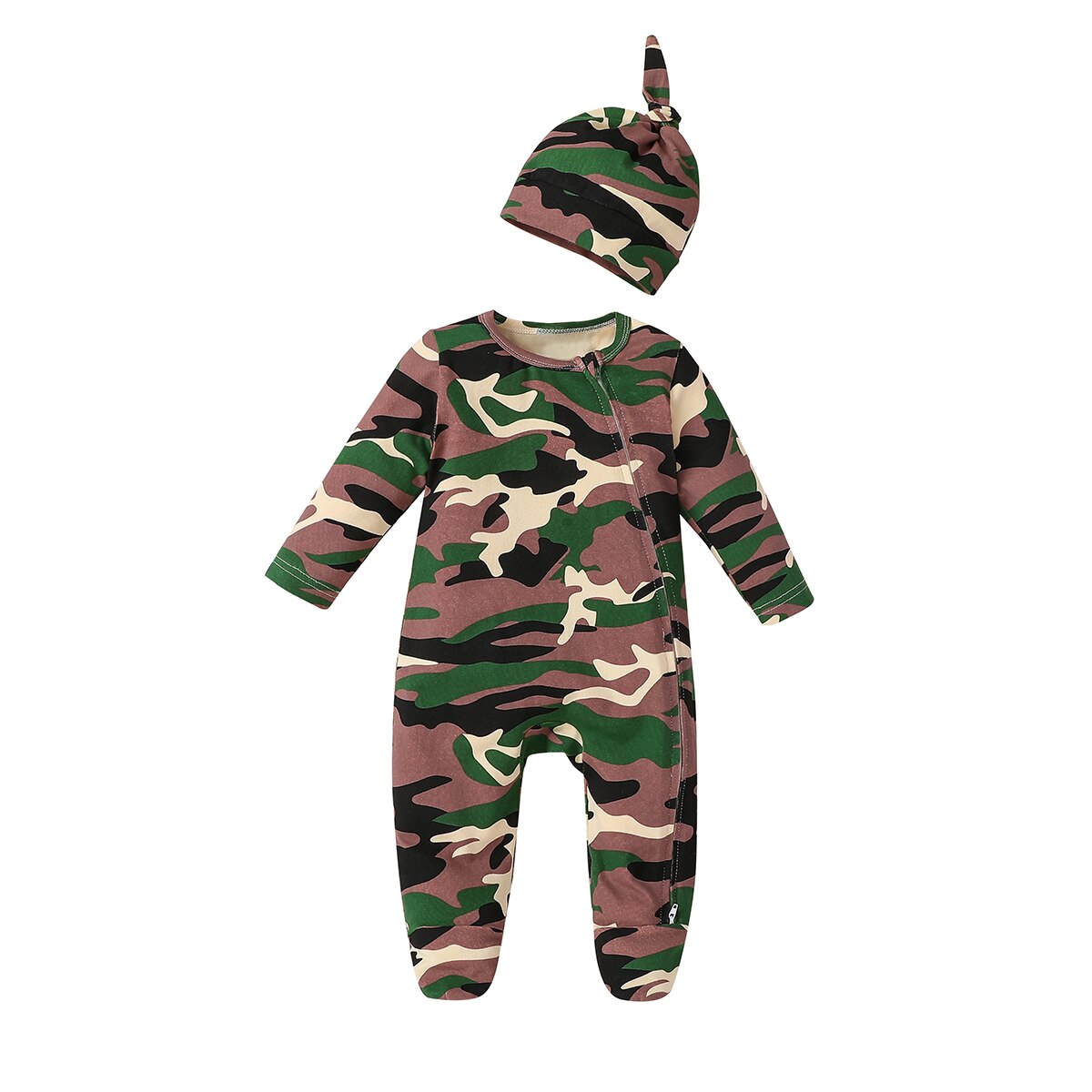 Ensemble de vêtements pour bébé, combinaison de Camouflage à manches longues avec fermeture éclair et chapeau, costume deux pièces pour garçons et filles